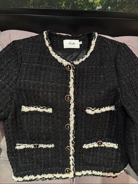 Black Tweed Fringed Boxy Blazer by